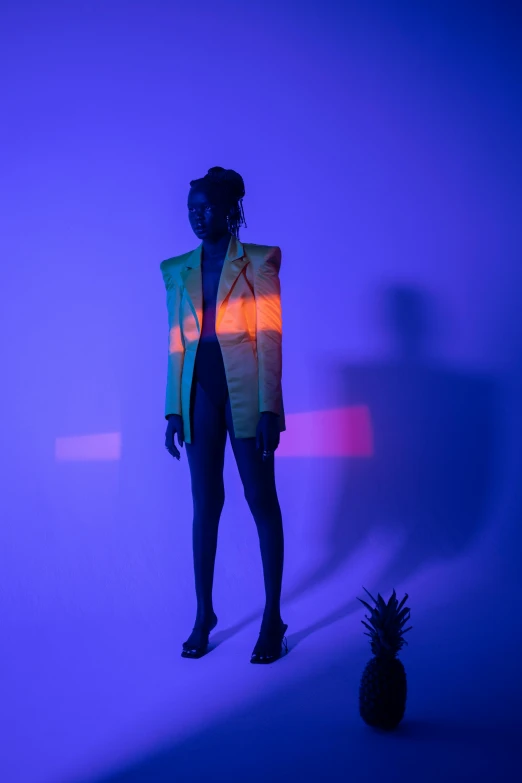 a woman in a neon jacket standing next to a pineapple, unsplash, holography, brutalist fashion show, silhouetted, tall and slender, photo of a black woman