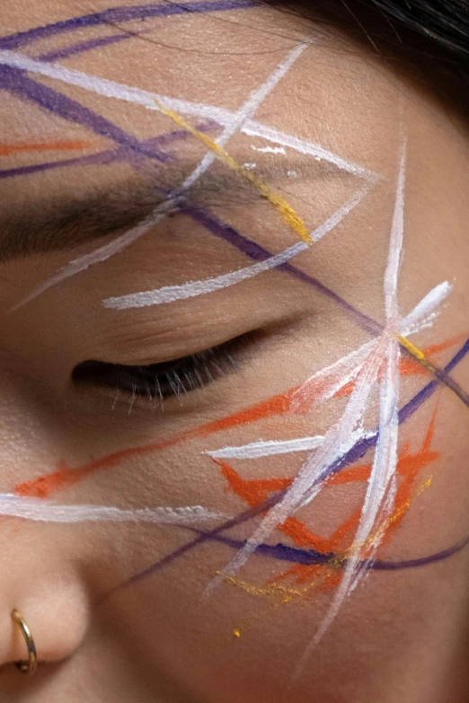 a close up of a person with a painted face, an abstract drawing, inspired by Otake Chikuha, star lines, clear makeup, issey miyake, multi colored