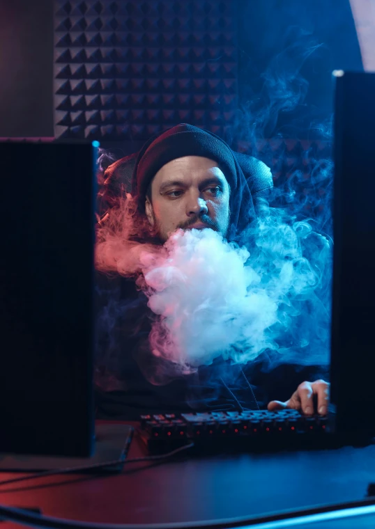 a man sitting in front of a computer with smoke coming out of his mouth, inspired by Elsa Bleda, pexels contest winner, renaissance, gaming pc case, mdma, discord profile picture, high times