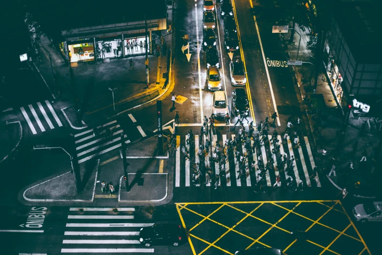 an overhead view of a busy city street at night, pexels contest winner, crosswalk, thumbnail, square, in a tropical and dystopic city