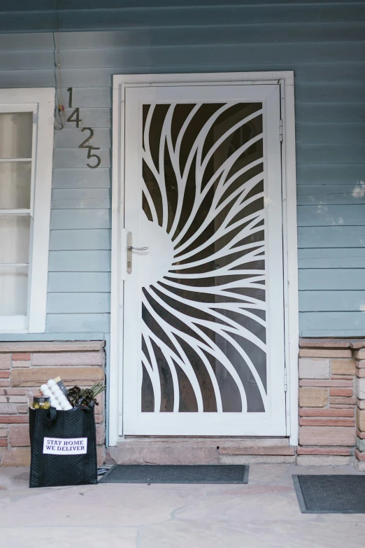 a white door sitting on the side of a blue house, a silk screen, tyndall rays, riot shields, metal art, colorado