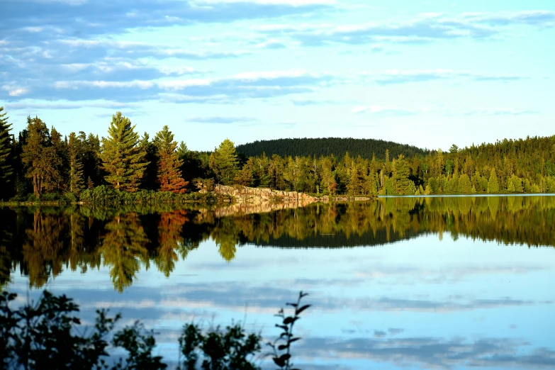 a large body of water surrounded by trees, a picture, inspired by Tom Thomson, pexels contest winner, hurufiyya, mirror and glass surfaces, minn, midsummer, exterior shot