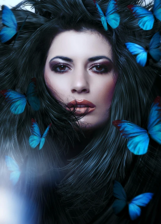 a woman with blue butterflies in her hair, an album cover, by Lucia Peka, pexels contest winner, seductive stare, wonderful dark hair, trending on mentalray, dramatic lighting and colors