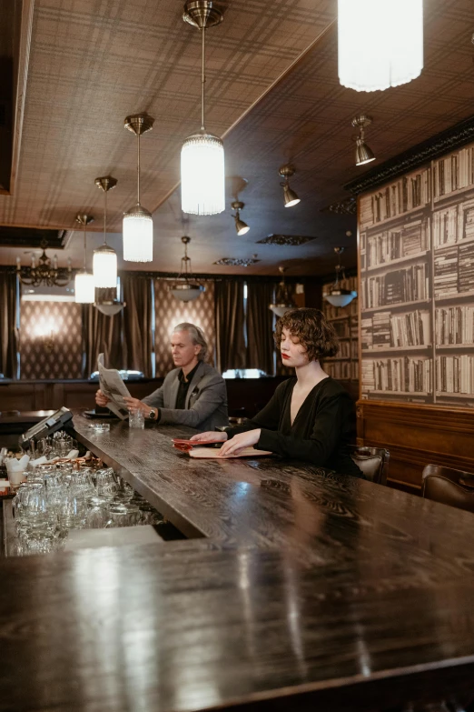 a group of people sitting at a bar, a portrait, unsplash, art nouveau, panoramic shot, anomalisa, old timey, ignant