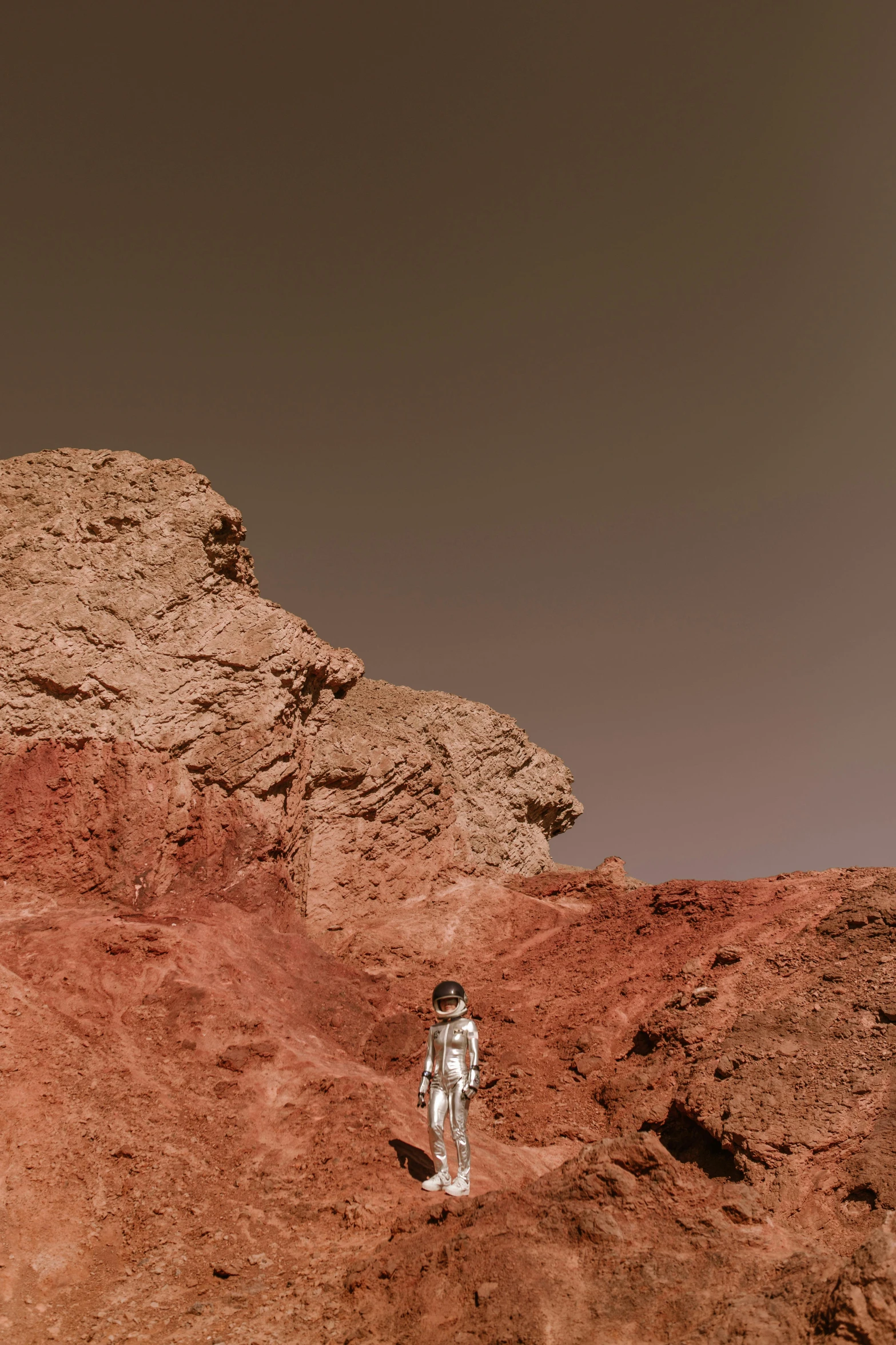 an astronaut standing on top of a rocky hill, unsplash contest winner, conceptual art, brown skin like soil, women, red ocher, joel meyerowitz