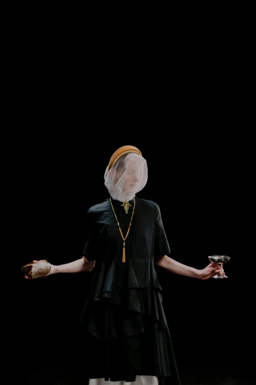 a woman in a black dress holding a glass of wine, an album cover, inspired by Petrus Christus, unsplash, wearing a veil, distorted pose, 15081959 21121991 01012000 4k, black backdrop