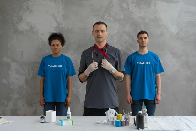 a group of three men standing next to each other, by Adam Marczyński, pexels contest winner, hyperrealism, medical supplies, avatar image, lab coat and tee shirt, flasks in hands