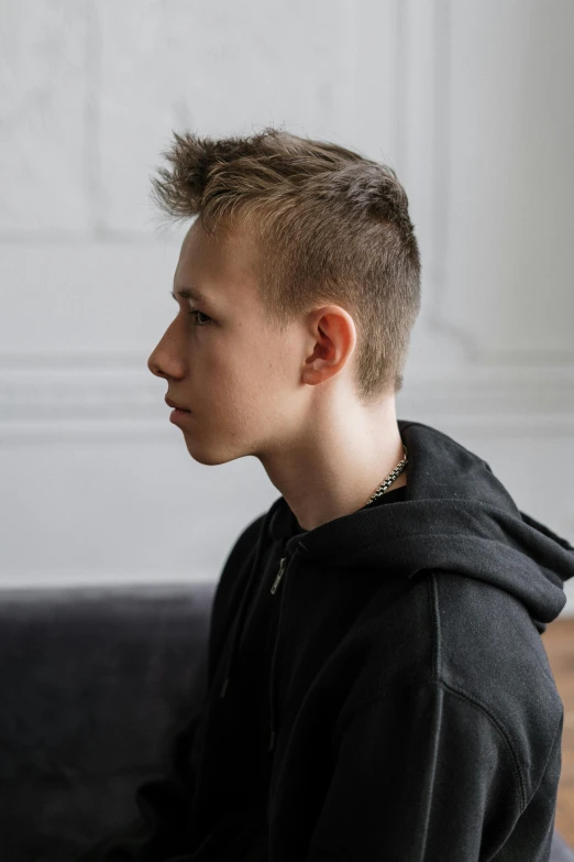 a young man sitting on a couch using a laptop computer, a character portrait, inspired by Nikolaj Abraham Abildgaard, trending on pexels, undercut hairstyle, profile picture 1024px, vitalik buterin, portrait a 1 5 - year - old boy