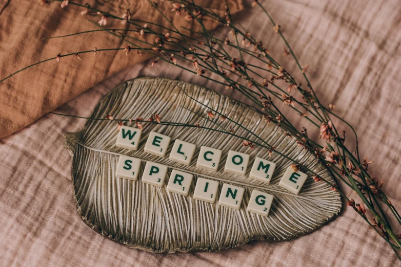 a scrabble with the words welcome spring on it, by Emma Andijewska, trending on pixabay, folk art, alessio albi, cottagecore hippie, [ organic, palm springs