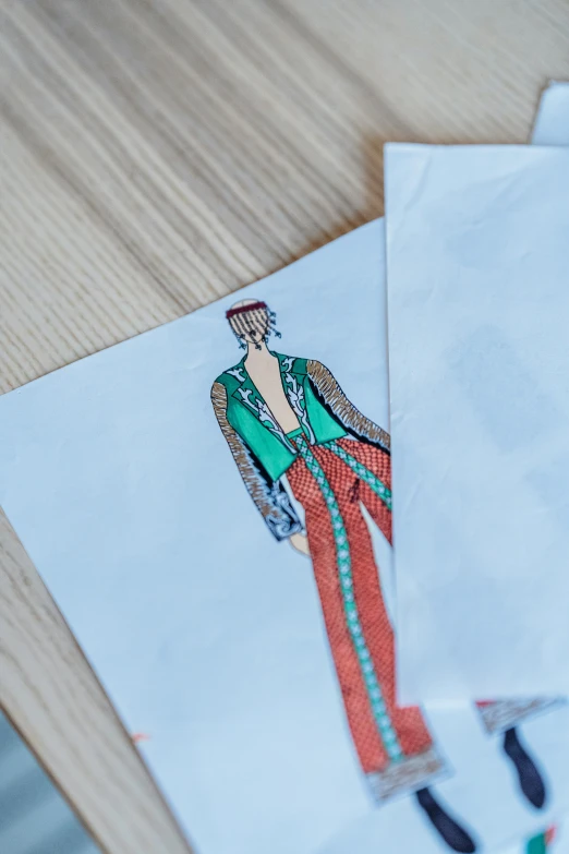 a pair of scissors sitting on top of a piece of paper, wearing a fancy jacket, design sheet, digital image, back towards camera