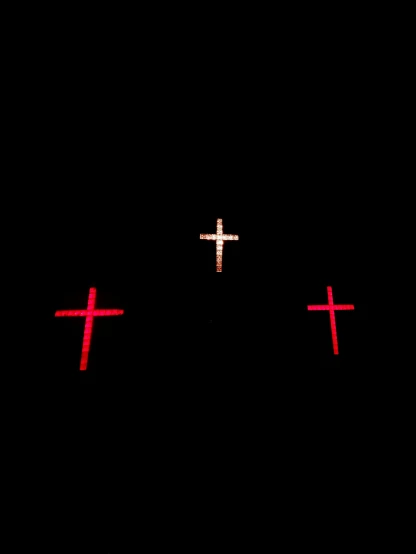 three crosses are lit up in the dark, an album cover, by Attila Meszlenyi, unsplash, red and white neon, fuji x 1 0 0 f, sao paulo, # 0 1 7 9 6 f