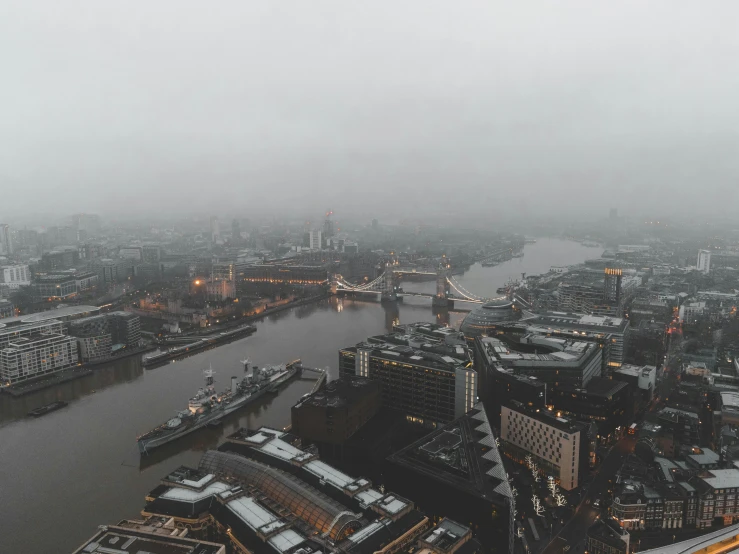 the view of london from the shard of the shard of the shard of the shard of the shard of the shard, inspired by Thomas Struth, pexels contest winner, under a gray foggy sky, river in the background, thumbnail, grey