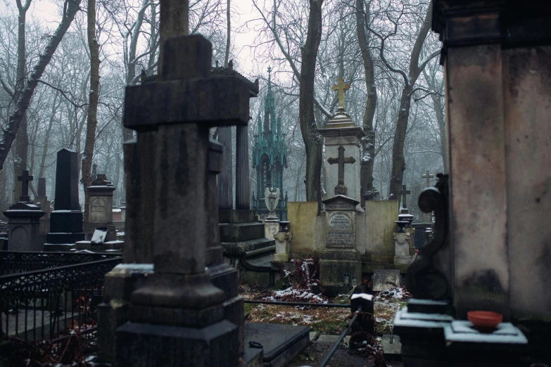 a cemetery filled with lots of tombstones and trees, a photo, by Attila Meszlenyi, pexels, gothic art, by emmanuel lubezki, fan favorite, paris, cold scene