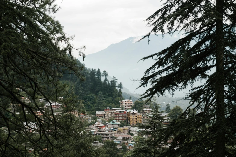 a view of a town through some trees, trending on unsplash, himalayas, fan favorite, higly intricate, slightly pixelated
