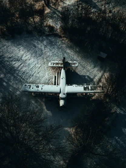 an airplane that is flying over some trees, inspired by Elsa Bleda, pexels contest winner, graffiti, ground covered with snow, abandoned graveyard, drone photo, nuclear winter