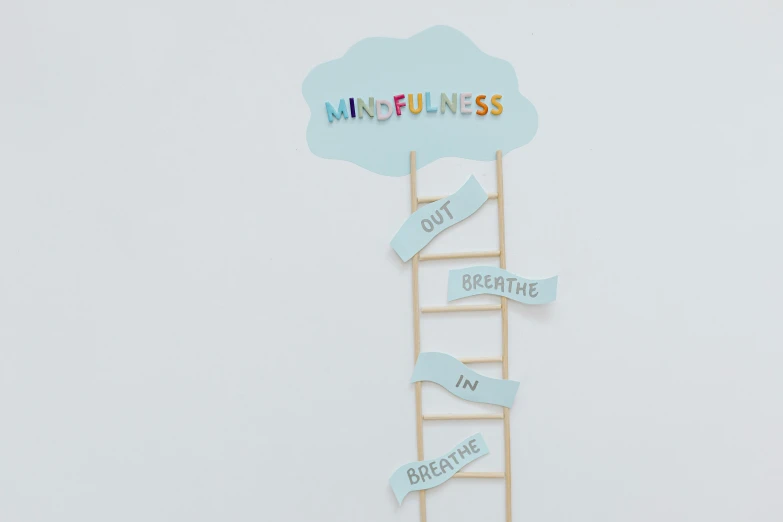 a ladder leading up to a sign that says mindfulnessness, by Arabella Rankin, cut out, stickers, on grey background, relaxed. blue background