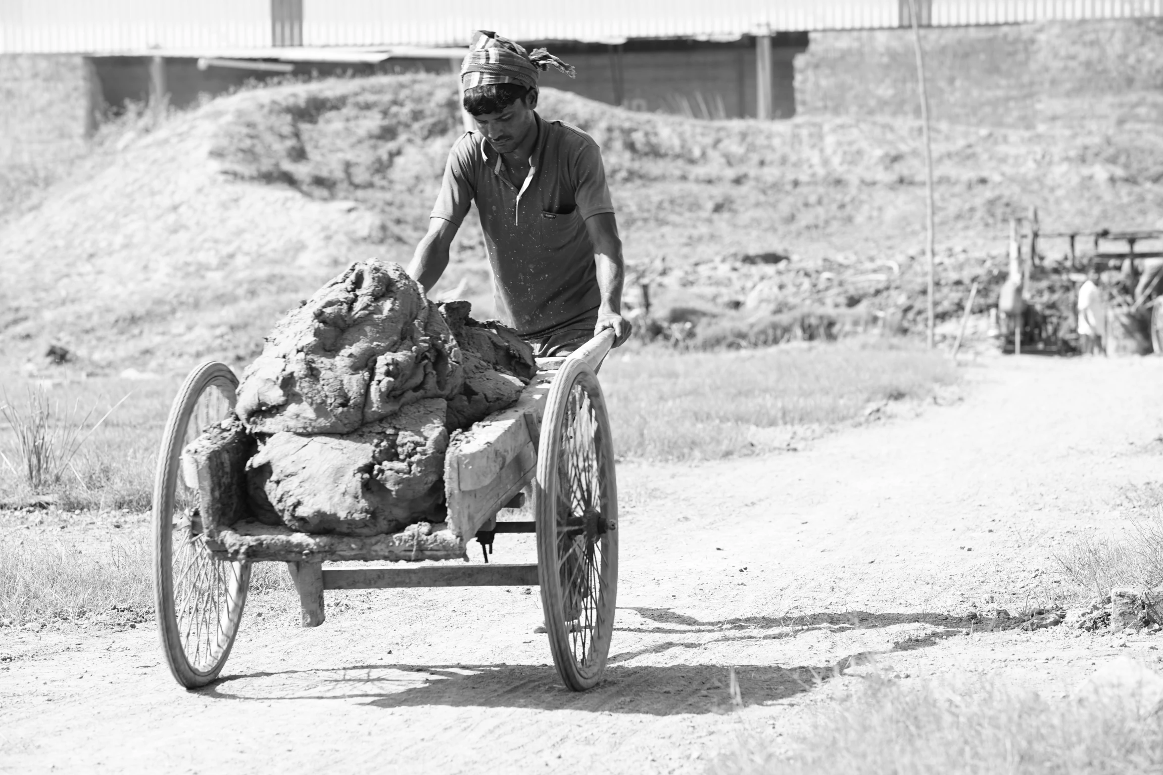 a man pushing a cart full of sheep down a dirt road, a black and white photo, by Odhise Paskali, process art, rubble!!, poop, flaunting his wealth, at home