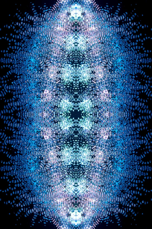 a blue and white pattern on a black background, a digital rendering, inspired by Yahoo Kusama, kinetic pointillism, street lights water refraction, symmetrical. sci - fi, iridescence water elemental, blue fireflies