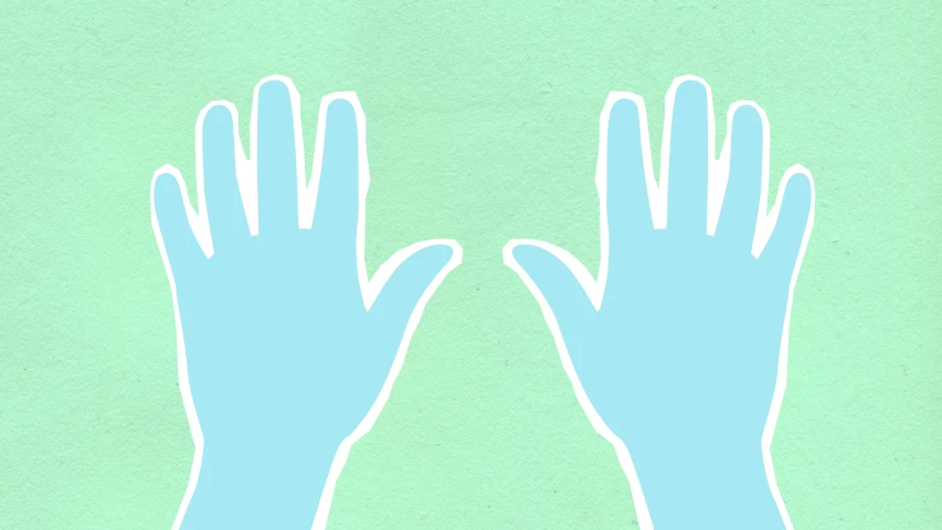 a pair of blue gloves sitting on top of a green surface, trending on pexels, conceptual art, symmetrical illustration, hands up, light blue skin, facing each other