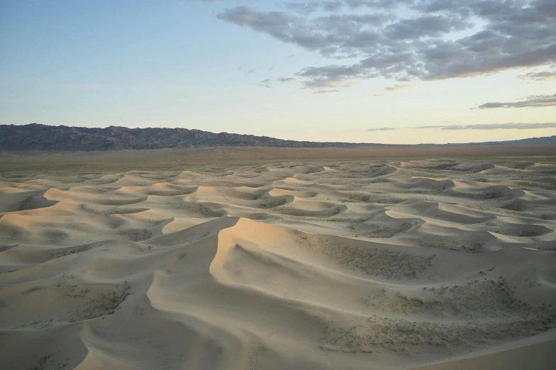 a desert with sand dunes and mountains in the background, unsplash contest winner, land art, ancient mongolian elon musk, aerial, summer evening, oganic rippling spirals