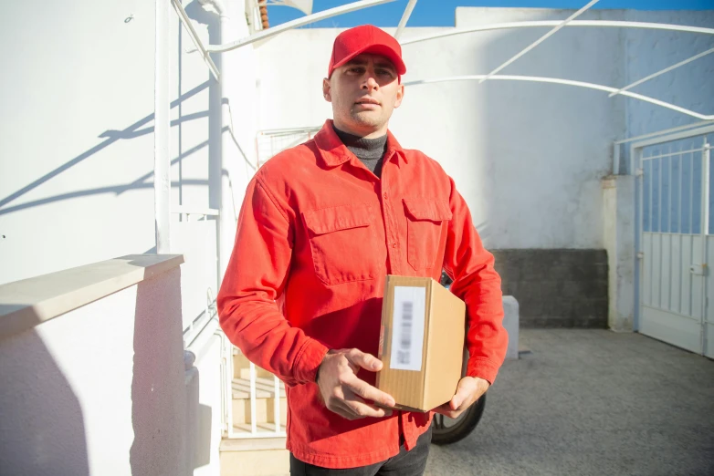 a man in a red shirt holding a box, in spain, customer, military pilot clothing, brown