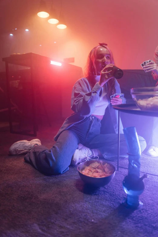 a couple of people sitting on top of a couch, a hologram, inspired by Elsa Bleda, trending on reddit, eating noodles, at a rave, hungover, sydney sweeney