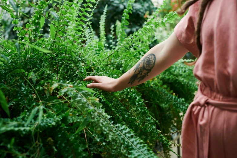 a woman in a pink dress holding a plant, inspired by Elsa Bleda, trending on pexels, in a garden full of ferns, tattoo sleeve on her right arm, detail shot, vines wrap around the terrarium