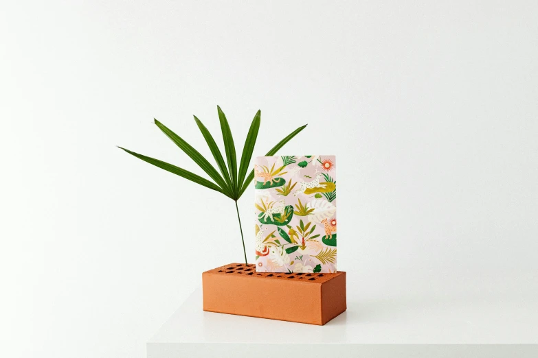 a plant sitting on top of a wooden block, a picture, inspired by Eden Box, full card design, with a white background, terracotta, cheery