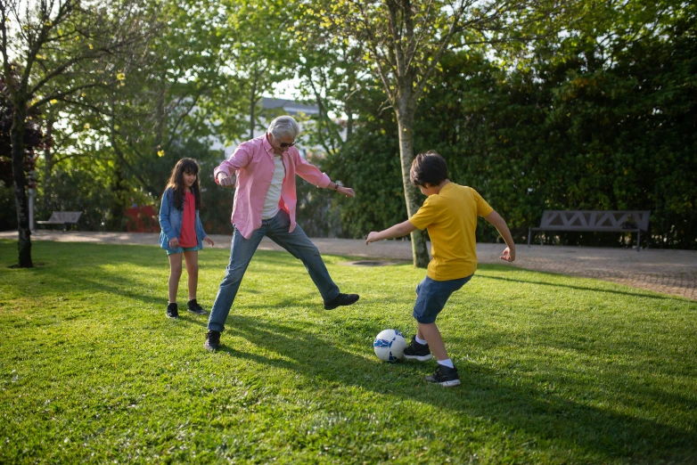 a man kicking a soccer ball on top of a lush green field, of a family standing in a park, casual playrix games, old man, let's play