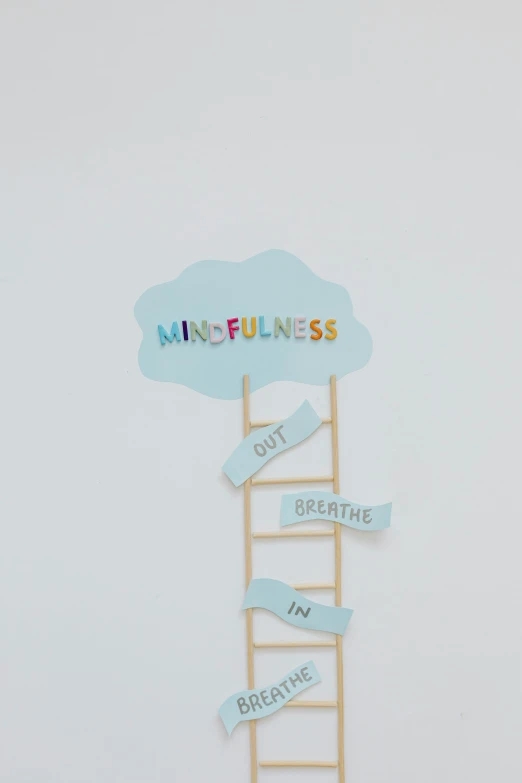 a ladder leading up to a sign that says mindfulness, by Arabella Rankin, minimalism, puffy sticker, on grey background, breathing, decorations
