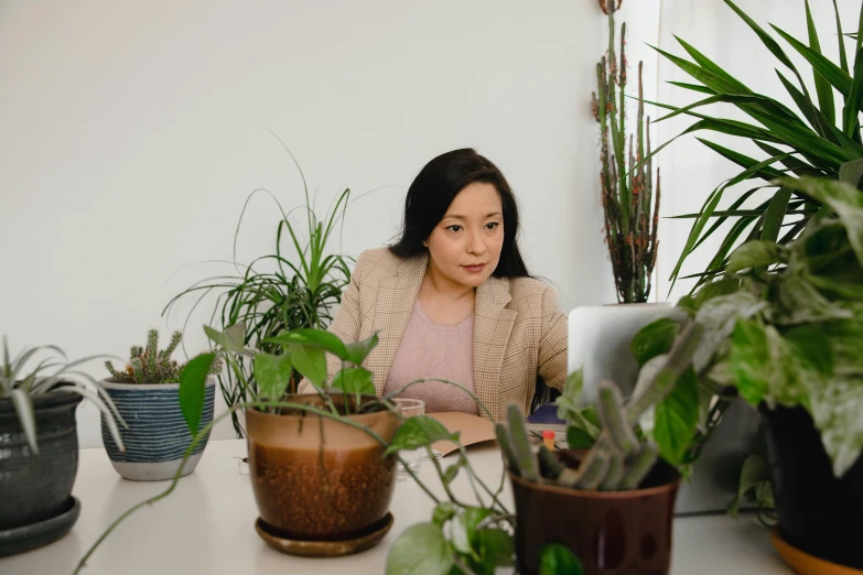 a woman sitting at a table in front of a laptop, inspired by Ruth Jên, pexels contest winner, potted plants, avatar image, asian descent, professional profile picture