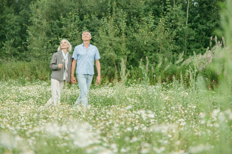 an older couple walking through a field of flowers, by Jan Tengnagel, pexels, renaissance, white, meadow flowers, avatar image, plan