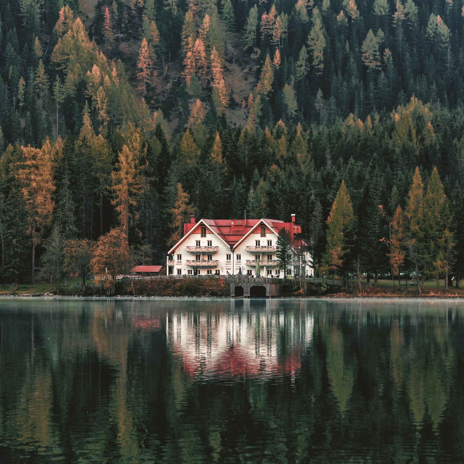 a house sitting on top of a lake next to a forest, by Sebastian Spreng, pexels contest winner, renaissance, red brown and white color scheme, evergreen forest, perfectly symmetrical, italy