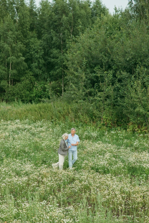 a couple of people in a field with a dog, by Anato Finnstark, visual art, finland, view(full body + zoomed out), an elderly, 4 k film still