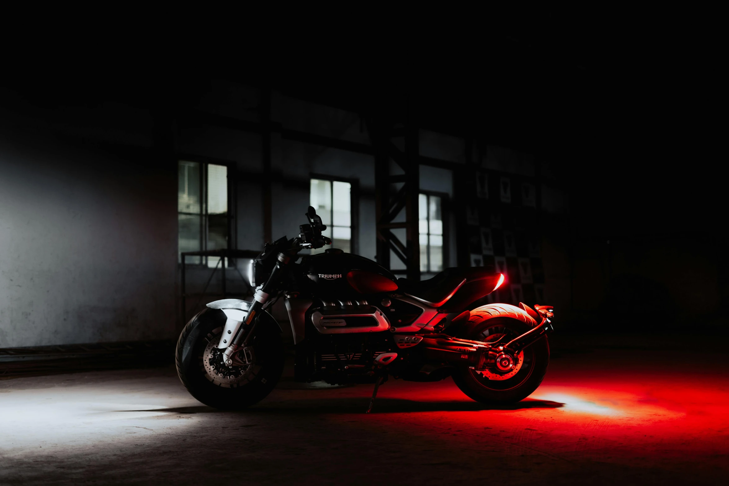 a motorcycle that is sitting in the dark, a portrait, pexels contest winner, light and space, gradient light red, ( ( ( ( ( knight rider kitt, led light strips, instagram post