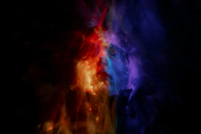 a close up of a person's face in the dark, digital art, by Adam Marczyński, pexels contest winner, digital art, colorful fire, viscous volumetric smoke, goddess of space and time, muted blue and red tones