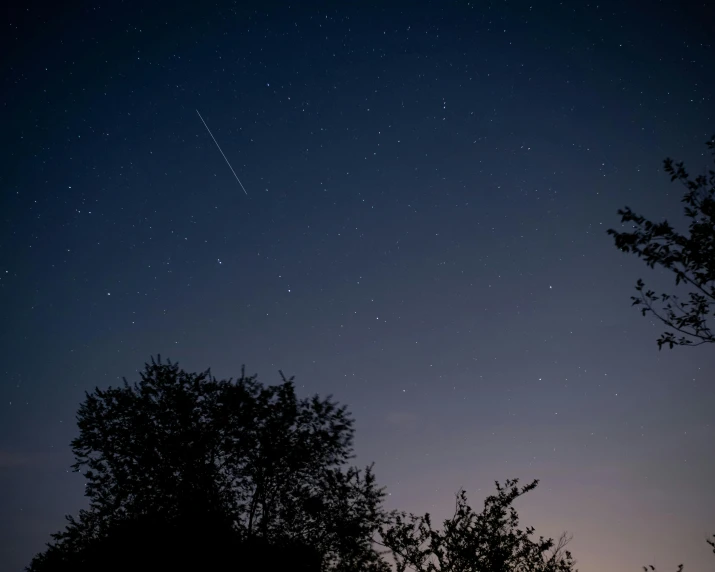 a sky filled with lots of stars next to trees, pexels contest winner, space station planet afar, shooting star, in the evening, profile picture