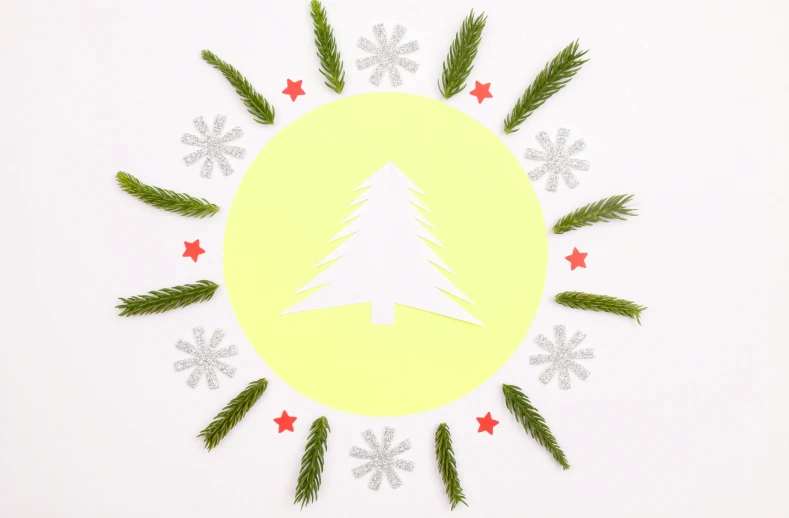 a pine tree surrounded by snowflakes and stars, inspired by Ernő Grünbaum, trending on pixabay, land art, on yellow paper, circle, diecut, peppermint motif