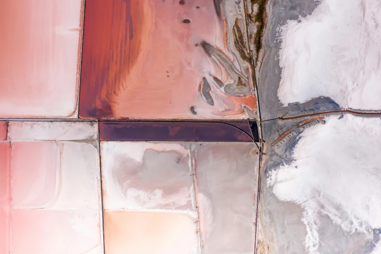 a tiled floor covered in lots of different colored tiles, an abstract painting, inspired by Julian Schnabel, trending on unsplash, conceptual art, salt dunes, satellite view, copper, farming