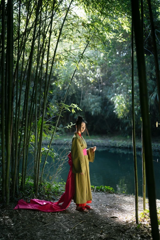 a woman standing in a bamboo forest next to a body of water, wearing long gown, delightful surroundings, hua cheng