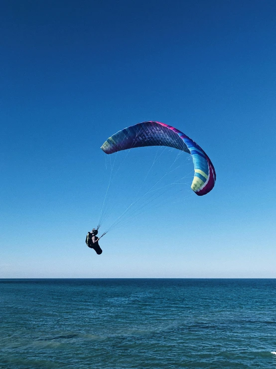 a person parasailing over the ocean on a sunny day, by Niko Henrichon, pexels contest winner, hurufiyya, blue and purple, back lit, panels, elevation