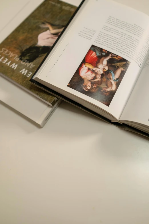 an open book sitting on top of a table, a photorealistic painting, inspired by Gillis Rombouts, unsplash, mannerism, detail shot, exhibition catalog, 33mm photo, college