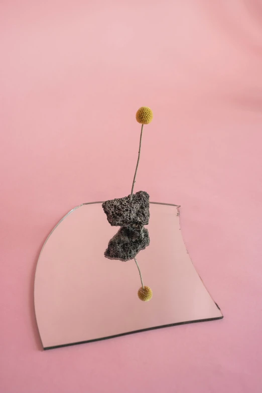 a teddy bear sitting on top of a mirror, an abstract sculpture, by Lucette Barker, unsplash, kinetic art, lunar soil, minimal pink palette, surreal black and yellow, rocks and metal