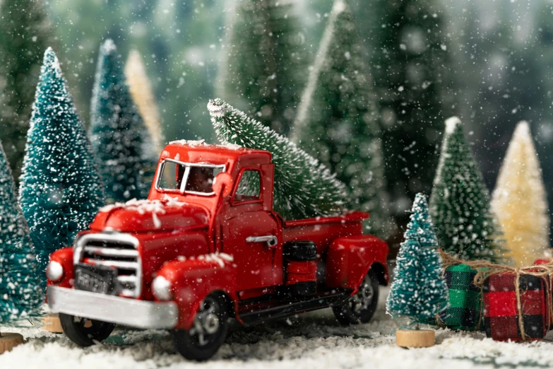 a red truck with a christmas tree in the back, a tilt shift photo, inspired by Ernest William Christmas, pexels contest winner, photorealism, highly detailed diorama, 🦑 design, retro stylised, three - quarter view
