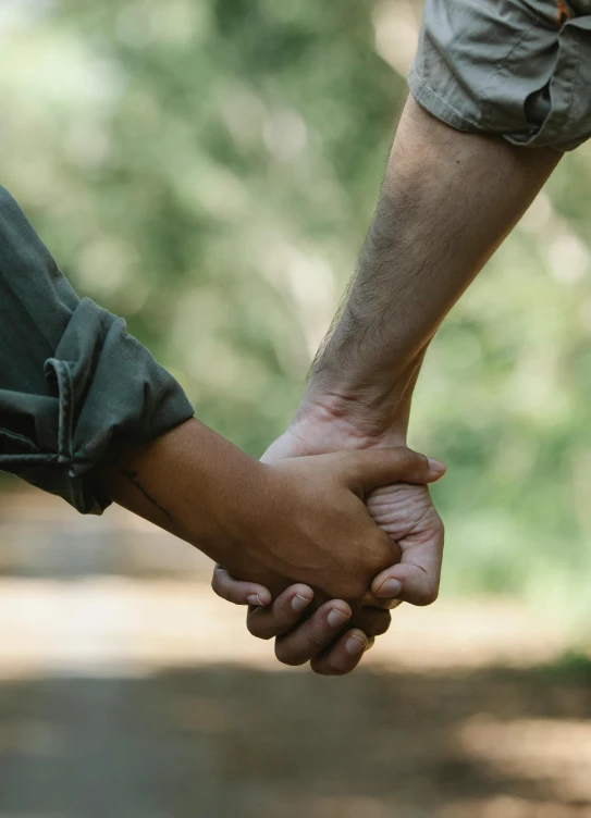 a close up of two people holding hands, a picture, utilitarian, masculinity, parks, brown