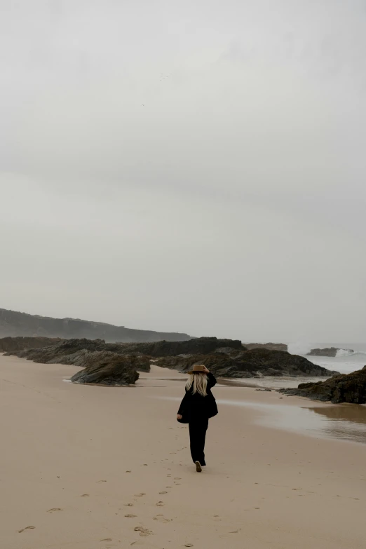 a person on a beach flying a kite, by Caro Niederer, minimalism, rock pools, overcast!!!, walking down, cape