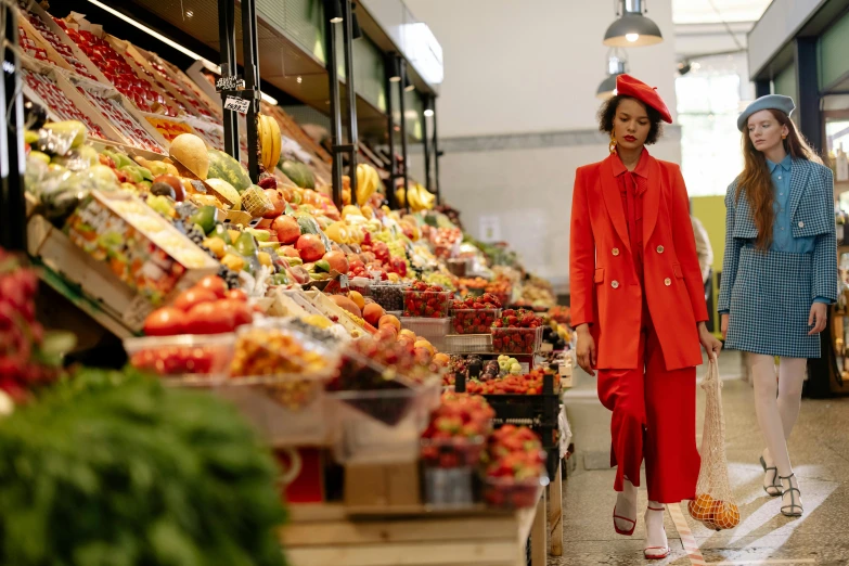 a couple of women standing next to each other in a store, by Julia Pishtar, pexels, hyperrealism, red suit, fresh food market people, a woman walking, red hat