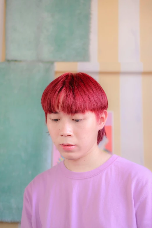 a woman with red hair wearing a purple shirt, an album cover, inspired by Yanjun Cheng, pexels contest winner, bowl haircut, bao pnan, red dyed hair, concerned