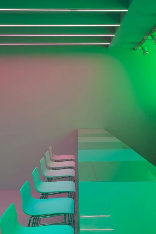 a long table with four chairs in front of it, a digital rendering, unsplash, color field, fluorescent led, rgb wall light, fzd school of design, green lighting