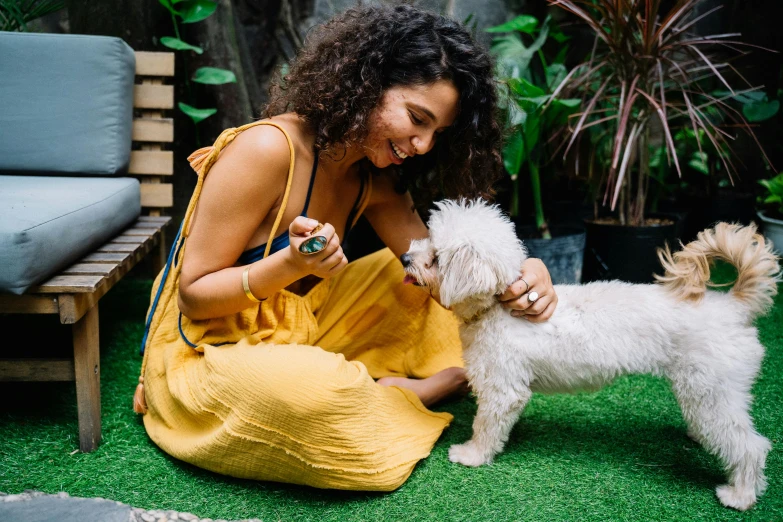 a woman in a yellow dress petting a white dog, pexels contest winner, happening, justina blakeney, anjali mudra, smiling playfully, profile image